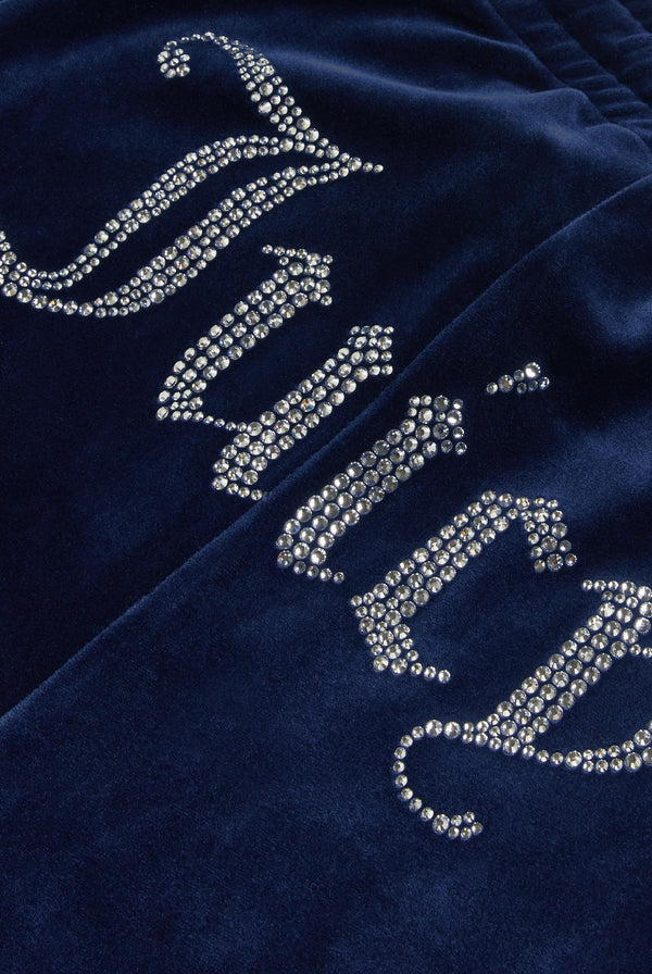 Displays the Night Sky 'juicy' branded velour diamanté tracksuit bottom featuring the Juicy branding 
