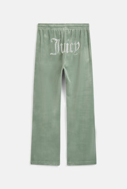 Displays the chinois green 'Juicy' velour diamanté tracksuit bottom 