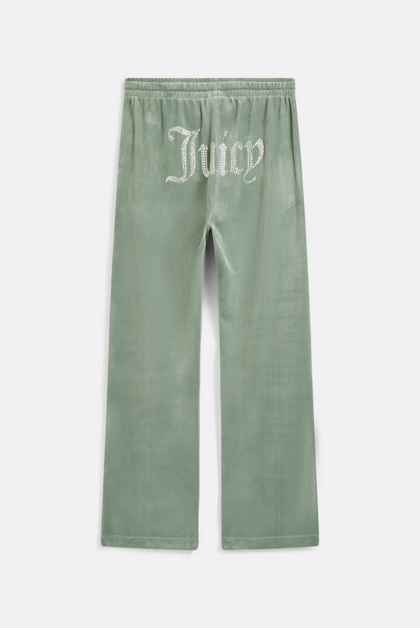 Displays the chinois green 'Juicy' velour diamanté tracksuit bottom 