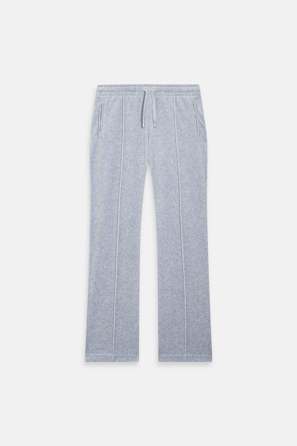 Displays the Silver Marl Diamanté 'Juicy' branded cotton velour tracksuit bottom  