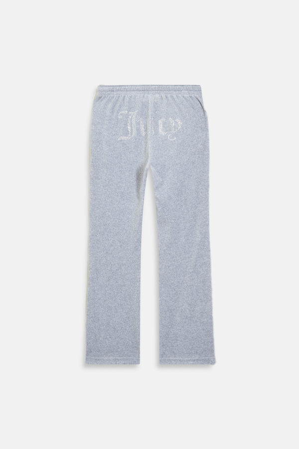 Displays the Silver Marl Diamanté 'Juicy' branded cotton velour tracksuit bottom  