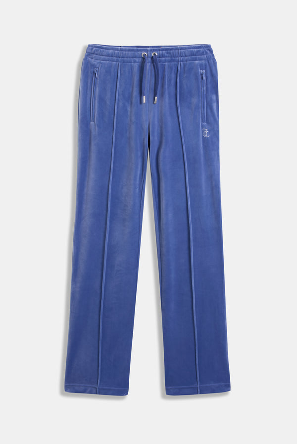 Displays the grey blue 'Juicy' branded velour outline diamanté tracksuit bottom