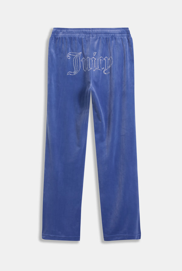 Displays the grey blue 'Juicy' branded velour outline diamanté tracksuit bottom