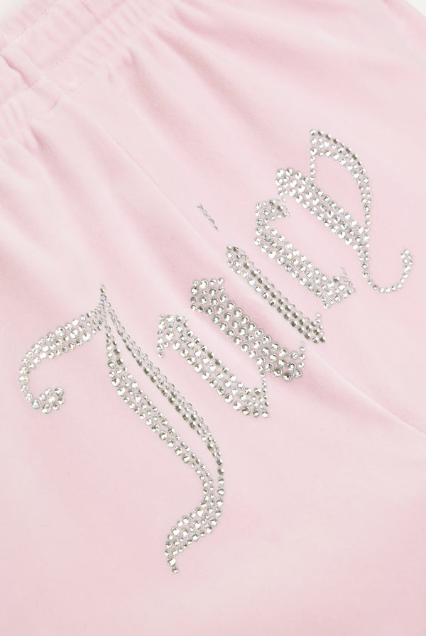 Displays the Almond Blossom 'Juicy' branded velour diamanté tracksuit bottom featuring the juicy branding