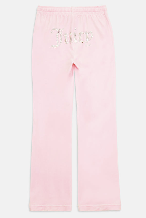 Displays the Almond Blossom 'Juicy' branded velour diamanté tracksuit bottom 