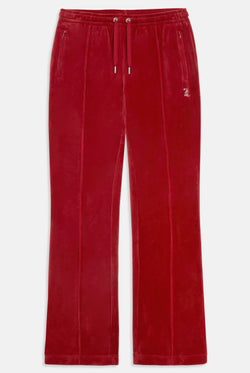 Displays the Red Dahlia 'Juicy' branded velour diamanté tracksuit bottom