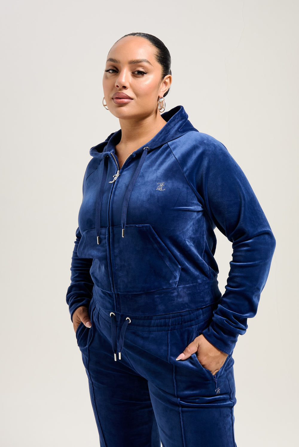 BLUE DEPTHS DIAMANTÉ VELOUR ZIP-THROUGH HOODIE