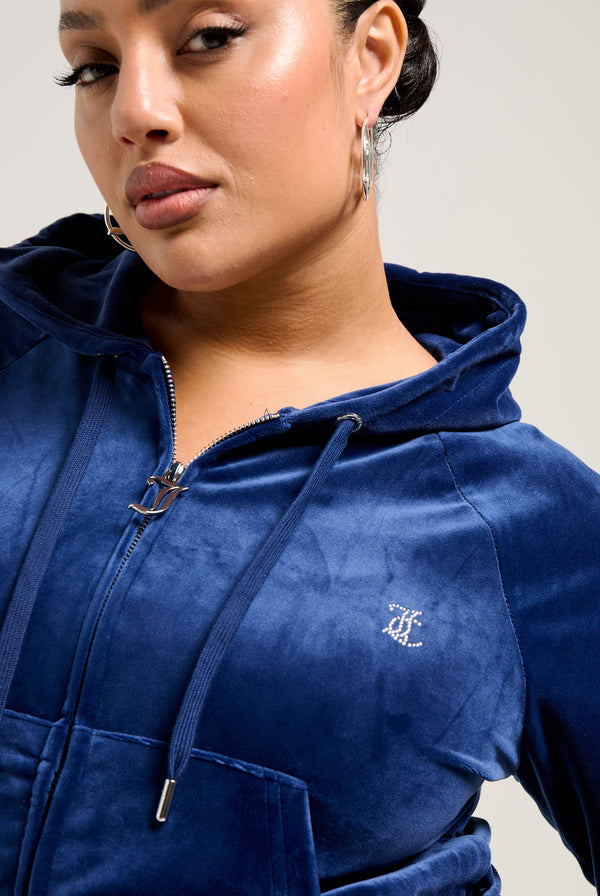 BLUE DEPTHS DIAMANTÉ VELOUR ZIP-THROUGH HOODIE