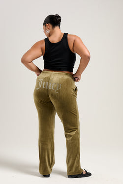 Displays a model wearing the Dark Olive 'Juicy' branded velour diamanté tracksuit bottom