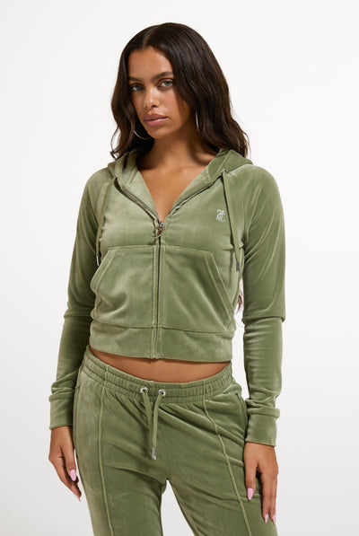 Oil Green Diamanté Velour Zip-Through Hoodie