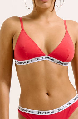 Displays a model wearing the Astor Red 'Juicy' branded cotton triangle bra 