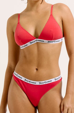 Displays a model wearing the Astor Red 'Juicy' branded cotton triangle bra 