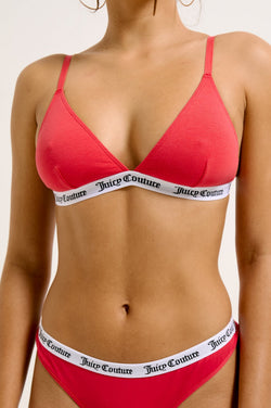 Displays a model wearing the Astor Red 'Juicy' branded cotton triangle bra 