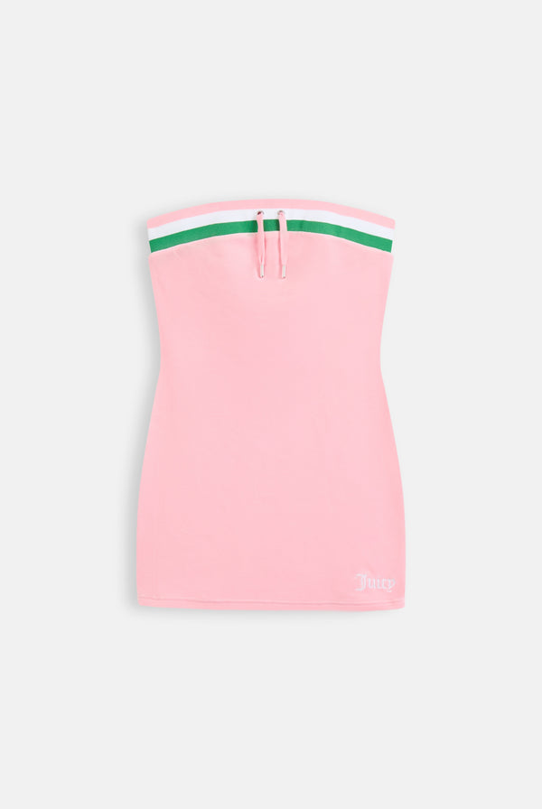 Displays the Juicy Pink 'Juicy' branded recycled velour mini bandeau dress 