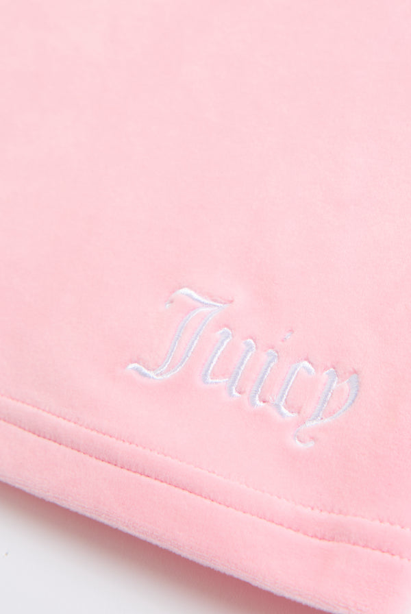 Displays the Juicy Pink 'Juicy' branded recycled velour mini bandeau dress featuring the juicy branding