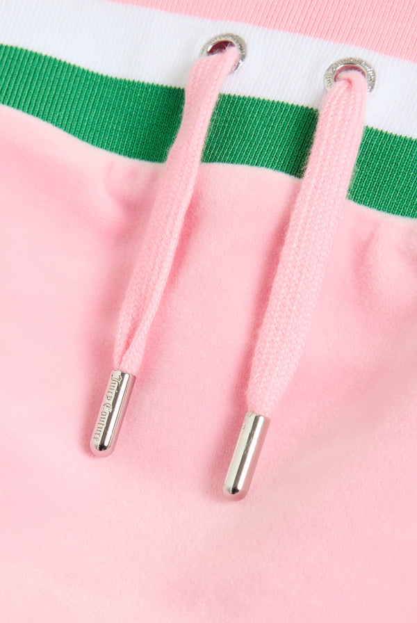 Displays the Juicy Pink 'Juicy' branded recycled velour mini bandeau dress 