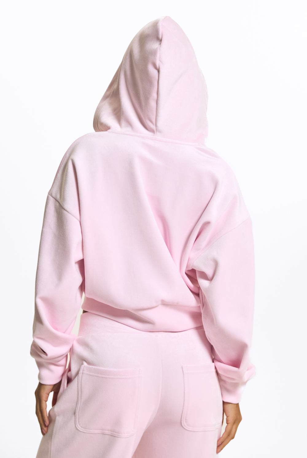 Displays a model wearing the Cherry Blossom 'Juicy' branded Velour Bonded Hoodie