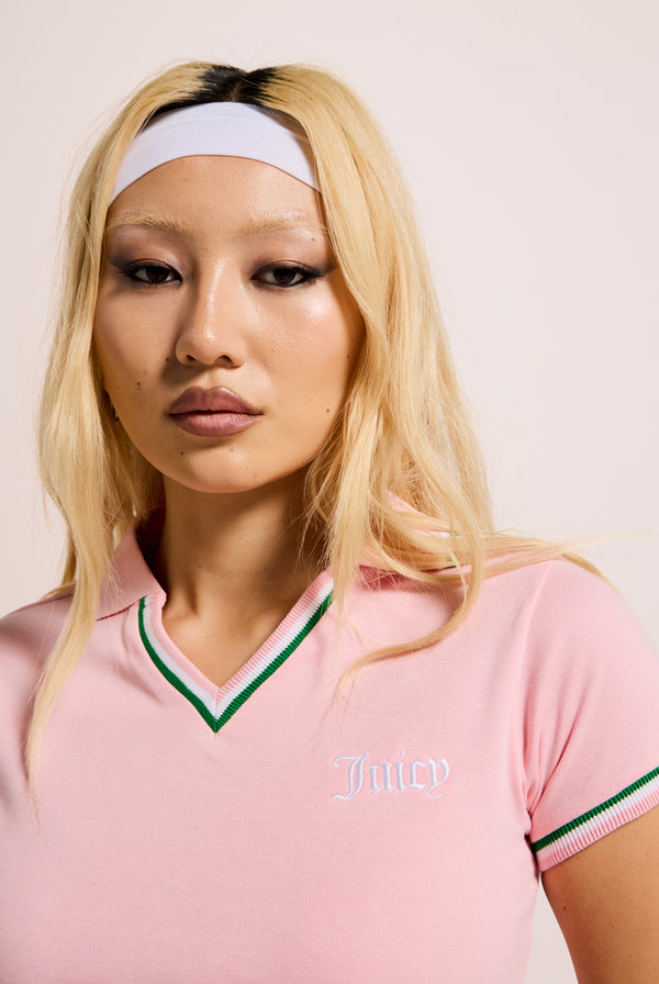 JUICY PINK JERSEY STRIPED TIPPED POLO SHIRT