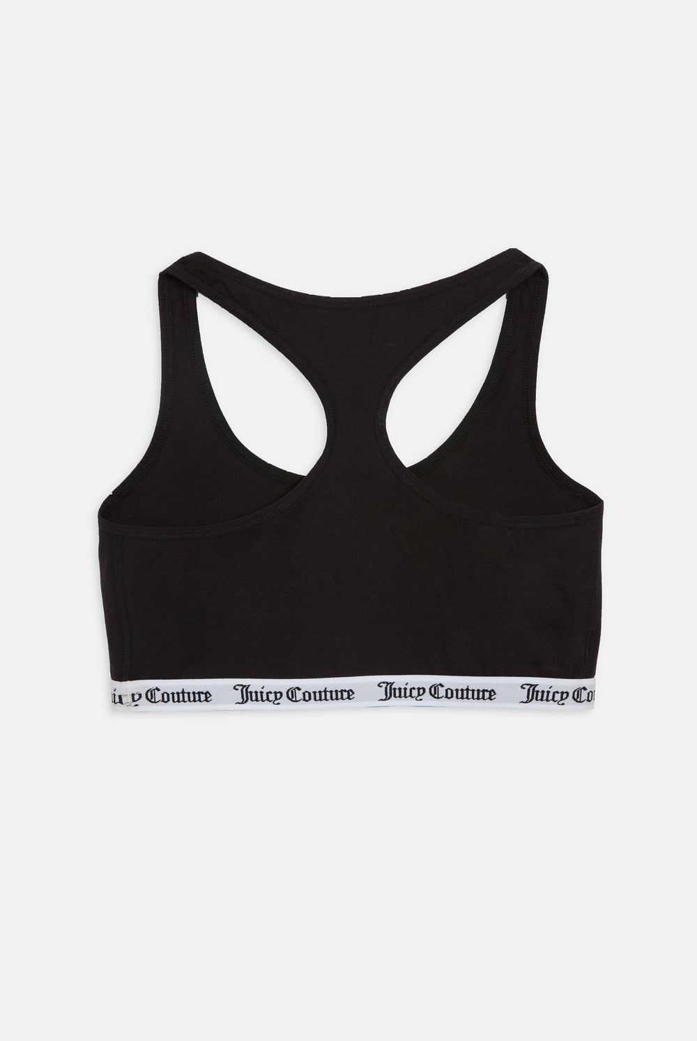 Displays the Black 'juicy' branded cotton bralette