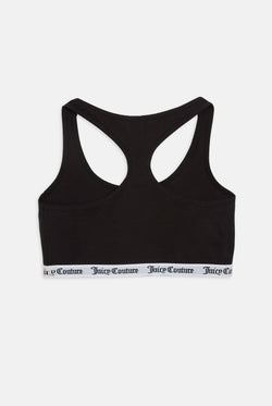 Displays the Black 'juicy' branded cotton bralette