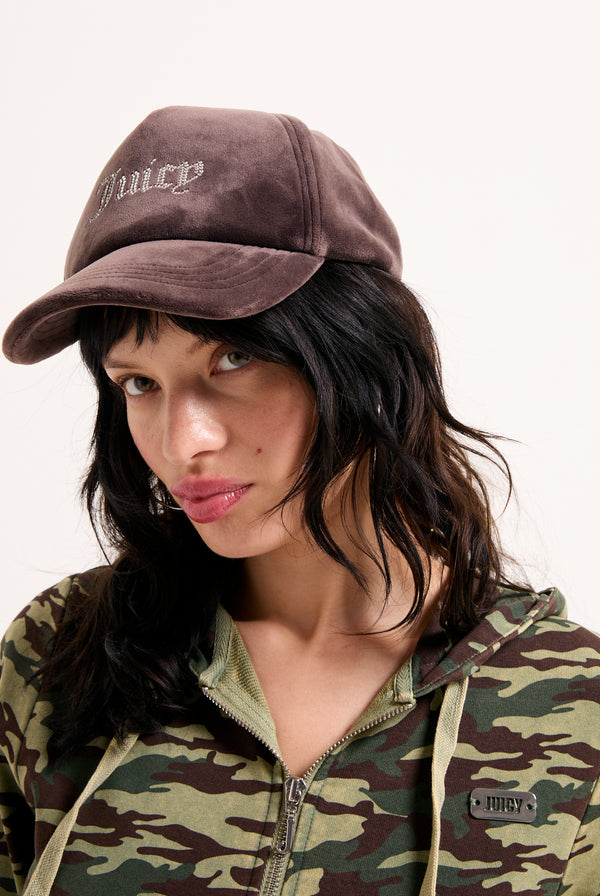 Displays a model wearing the Java 'Juicy' branded Diamanté velour baseball cap