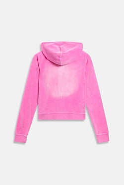 Displays the super pink washed 'juicy' branded cotton velour fitted hoodie 