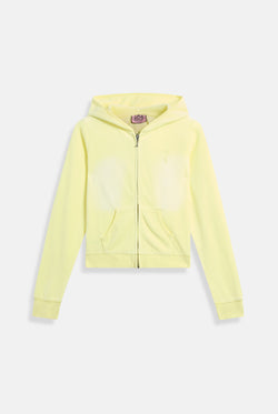 Display the Yellow Pear washed 'Juicy' branded cotton velour fitted hoodie 