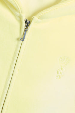 Display the Yellow Pear washed 'Juicy' branded cotton velour fitted hoodie featuring the juicy zip 