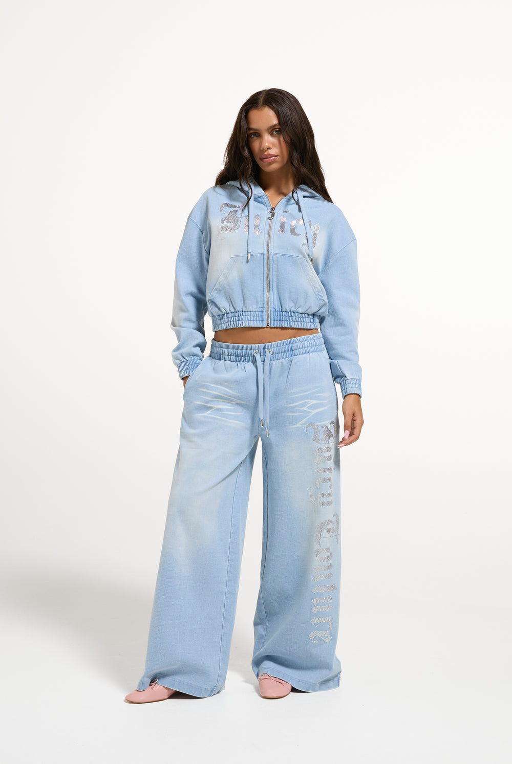 Light Washed Denim Fleece Smocked Hoodie