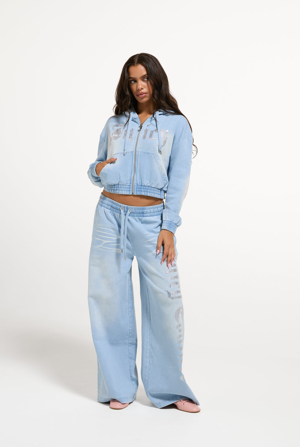 Light Washed Denim Fleece Smocked Hoodie