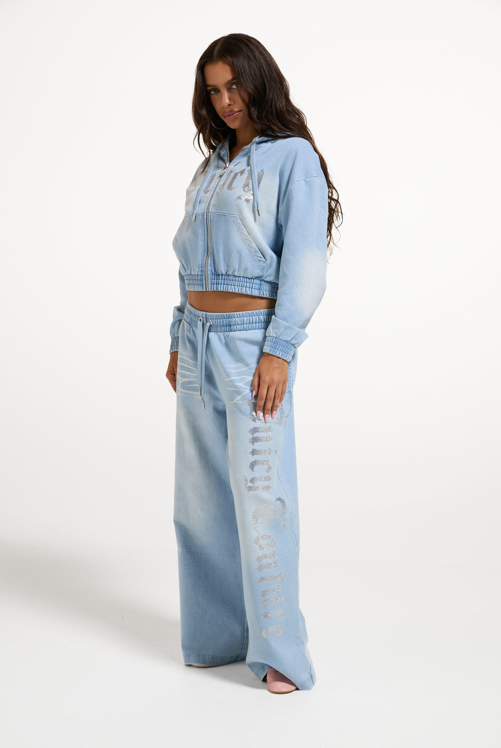 Light Washed Denim Fleece Smocked Hoodie