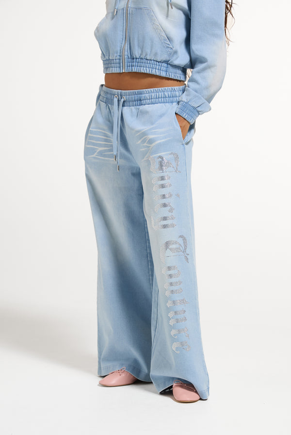 Light Wash Denim Fleece Wide Leg Trackpant