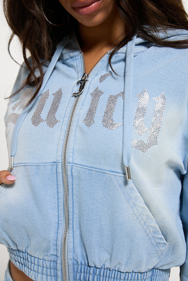 Light Washed Denim Fleece Smocked Hoodie