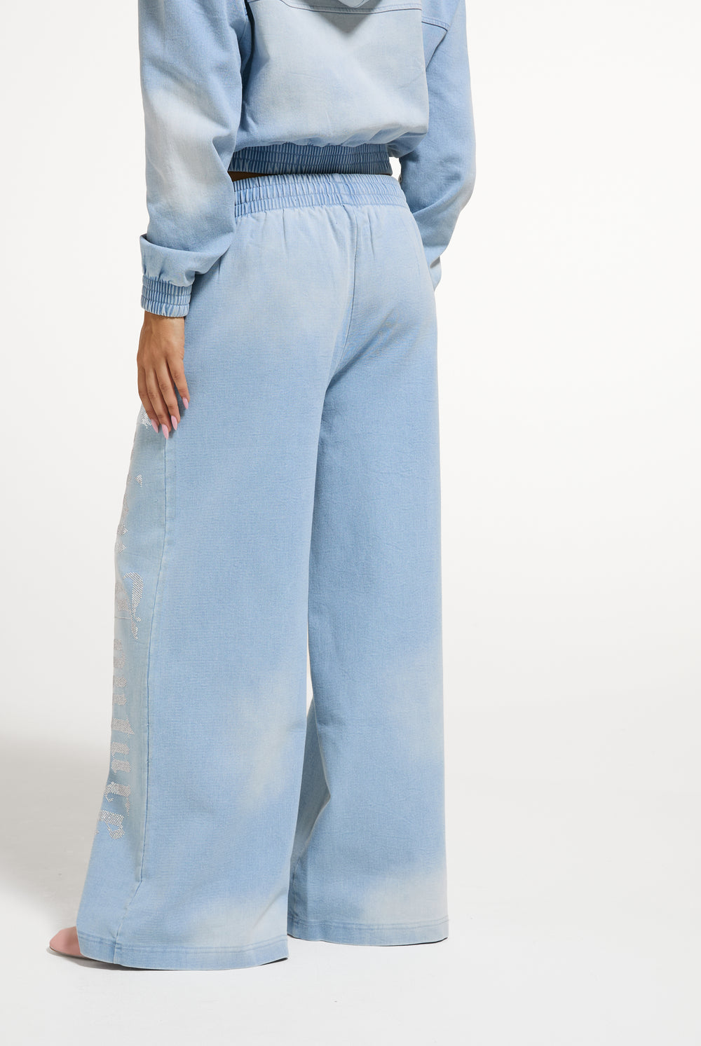 Light Wash Denim Fleece Wide Leg Trackpant