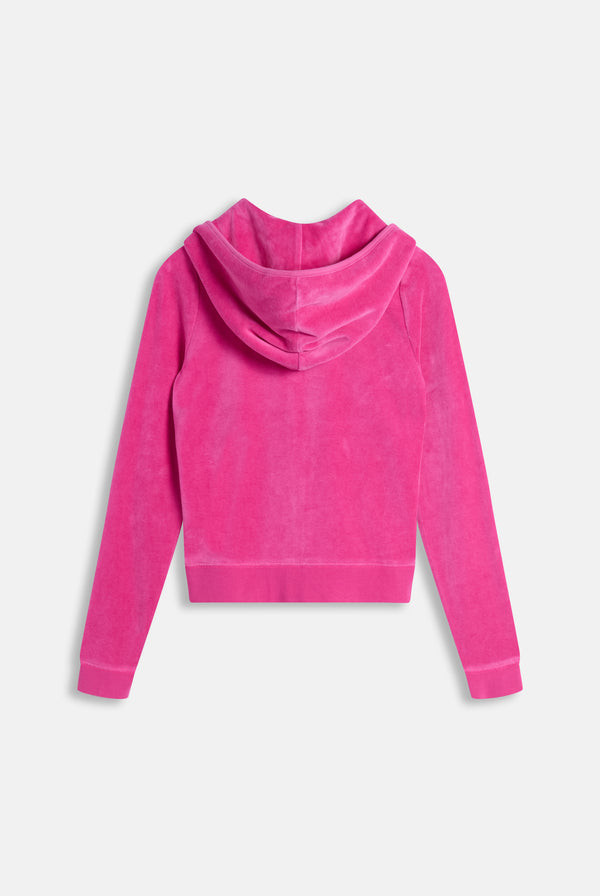 Displays the Nostalgia Pink 'Juicy' branded Washed Robyn Hoodie