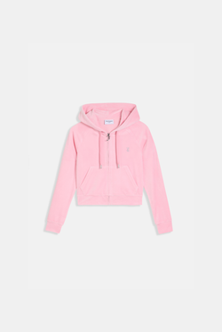 Displays the juicy pink 'juicy' branded diamanté velour zip-through hoodie 