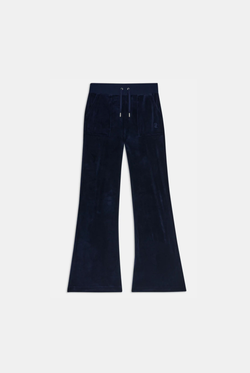 Displays the Night Sky 'Juicy' branded low rise velour track pants 