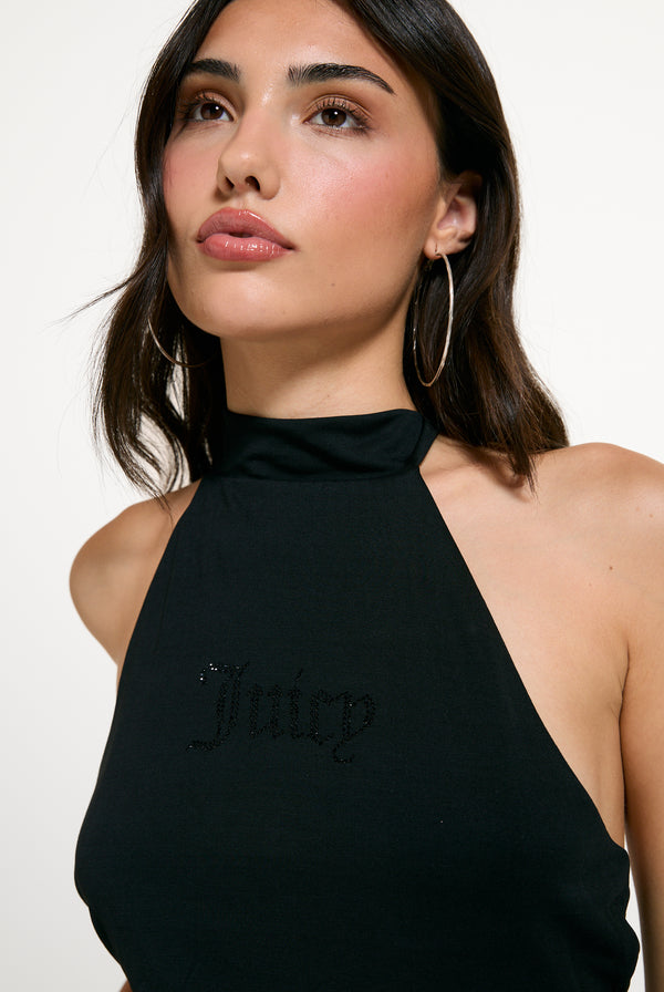 Displays a model wearing the Black 'Juicy' branded Diamante Halter Top