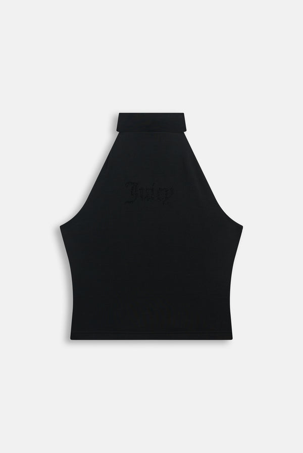 Displays the Black 'Juicy' branded Diamante Halter Top