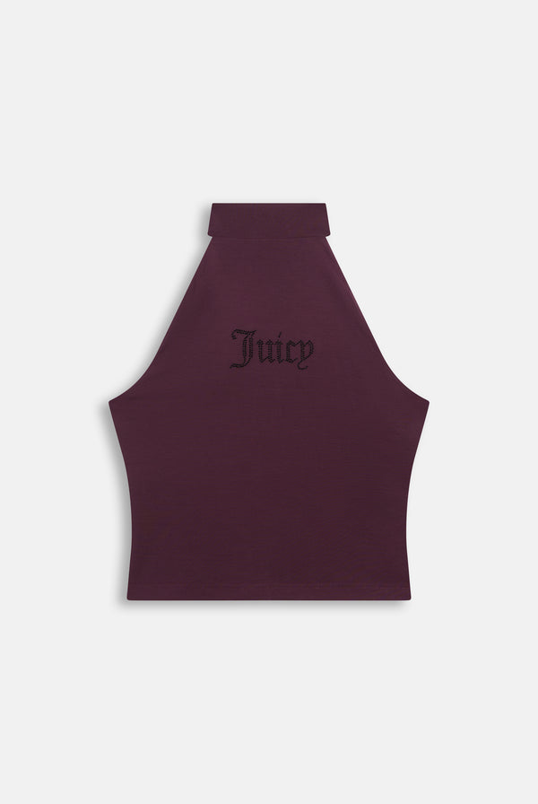 Displays the Winetasting 'Juicy' branded Diamante Halter Top
