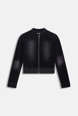 Displays the washed black 'juicy' branded cotton velour moto jacket