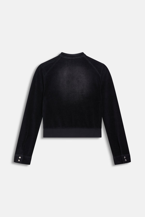 Displays the washed black 'juicy' branded cotton velour moto jacket