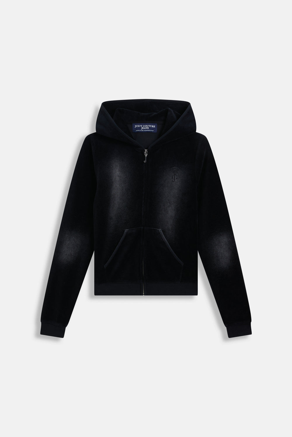 Displays the washed black cotton 'Juicy' branded velour heritage hoodie 