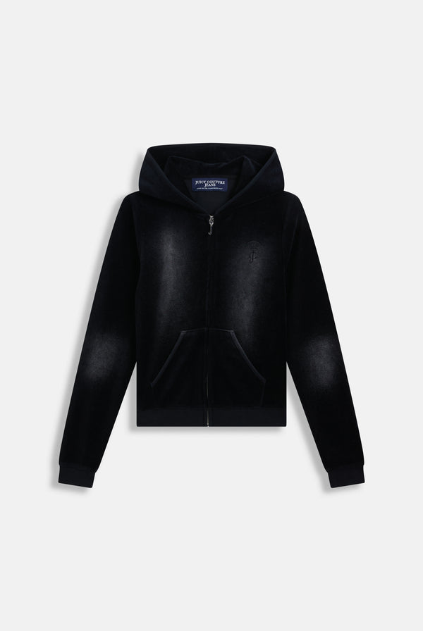 Displays the washed black cotton 'Juicy' branded velour heritage hoodie 