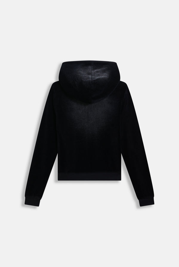Displays the washed black cotton 'Juicy' branded velour heritage hoodie 