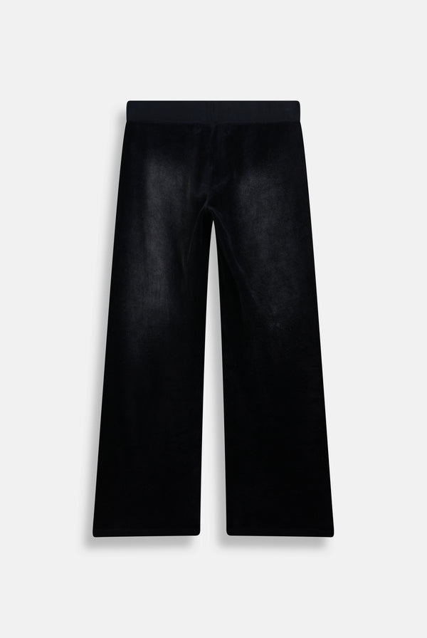 Displays the washed black cotton 'Juicy' branded velour og straight low rise pants 