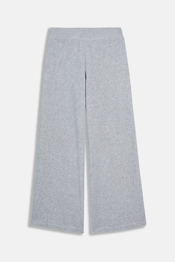 Displays the silver marl wide leg 'Juicy' branded cotton velour track pant