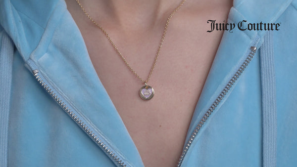 Displays a model wearing the 'Juicy' Gold Tone Love Juicy Reversible Enamel Pendant