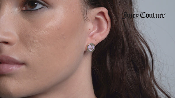 Displays a model wearing the 'Juicy' Gold Tone Love Juicy Enamel Stud Earrings